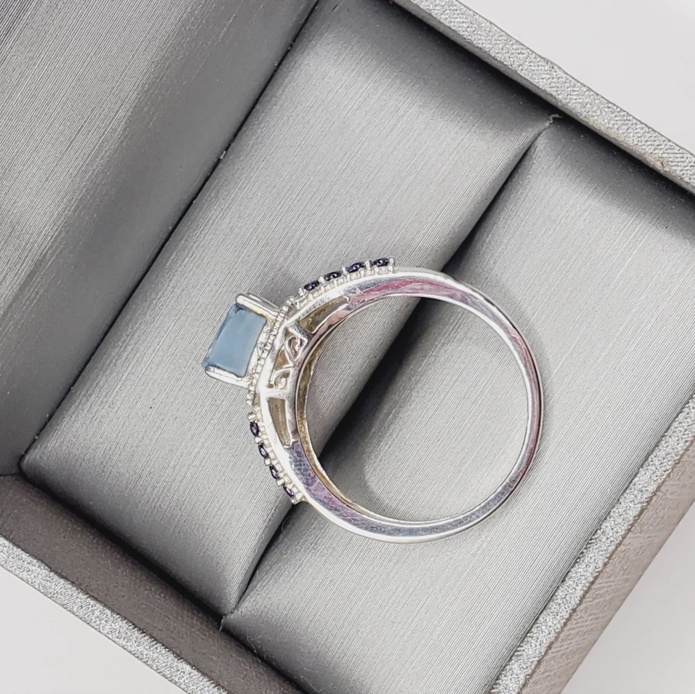Genuine Rough Cut Blue Oregon Opal & Purple Diamond Simulants 925 Silver Ring